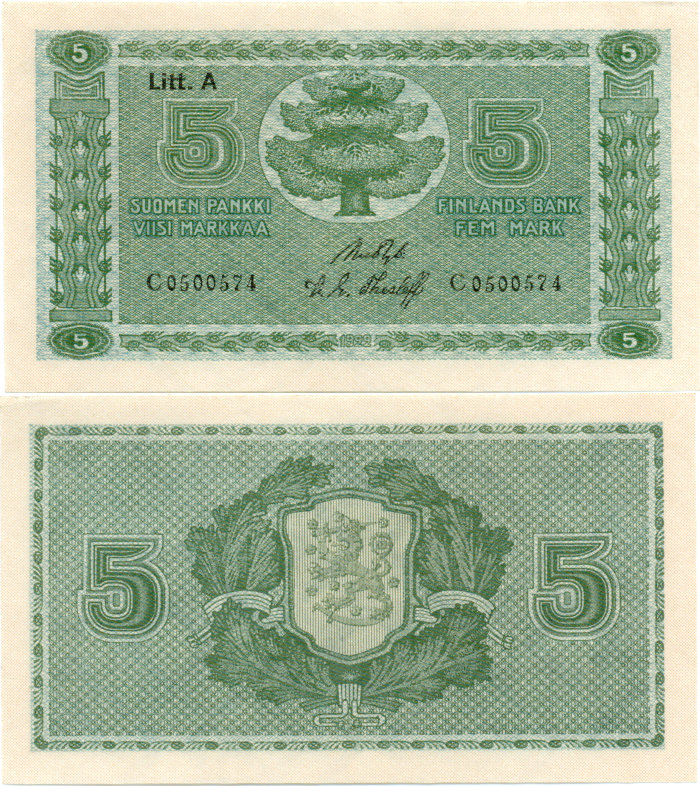 5 Markkaa 1922 Litt.A C0500574 kl.8